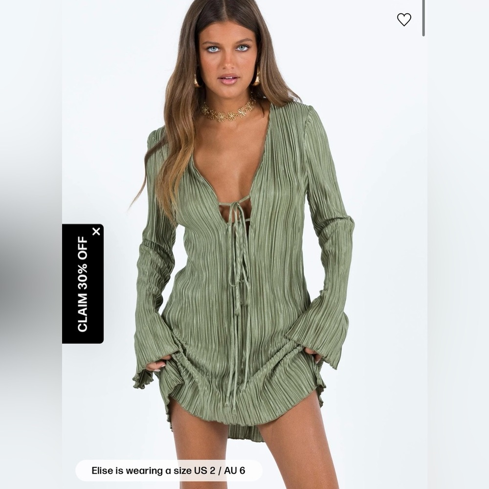Princess Polly Malop Long Sleeve Mini Dress Sage size 0